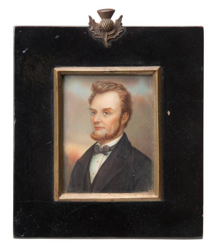 A pair of framed miniature portraits of U.S. President Abraham Lincoln and the Scottish philosopher and writer Thomas Carlyle, 19th Century. Frame size 13 x 14cm