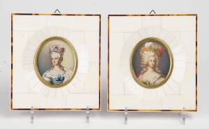 A pair of Louis XV style piano key ivory miniatures of the court beauties, 20th century