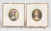 A pair of Louis XV style piano key ivory miniatures of the court beauties, 20th century