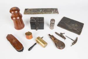 Miscellaneous collection including power flasks, antique gun lock, cigars and  treen humidor, lighter, clock, name plate, bronze plaque etc. (17+ items)