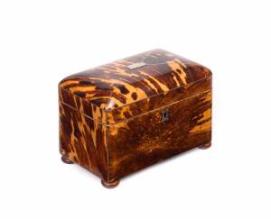 A Georgian tea caddy, tortoise shell & silver with ivory internal trim & knobs, early 19th Century. 13cm high, 17.5cm wide, 10cm deep