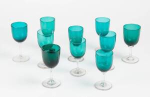 A set of 10 Victorian glass wine glasses. 12cm high