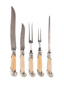 An antique carving set comprising two carving knives, two forks & a steel all with silver & ivory pistol grip handles, 19th Century. 