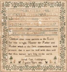 A framed English child's embroidery sampler, circa 1832