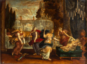 18th Century reverse glass painting titled verso "Eros Asleep". 31cm by 23cm.