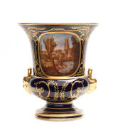 Crown Derby blue & gilt mantle vase titled "Windsor Castle" with hand painted scenes, 19th Century. 