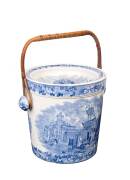 A Wedgwood "Ferrara" patterned porcelain slops bucket with an original swinging cane handle & lid, 19th Century. 25cm high 