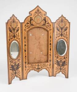 A tri-fold inlaid timber vanity mirror, most likely Italian, 19th Century. 57cm high, 50cm wide