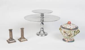 A silver metal two tier cake stand together with a Chinese famille rose pot & cover plus a pair of silver plated candlestick. (4 items)