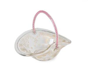 An antique glass berry basket with air twist handle, raspberry prunts & gilt decorated etched bramble design, mid 19th Century. 20cm high, 24cm wide, 19cm deep