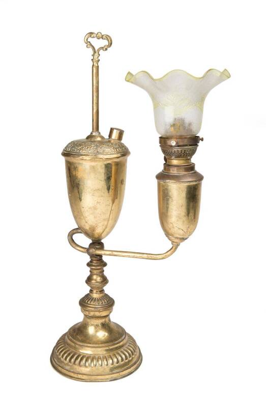 A Bankers oil lamp, English, brass with acid etched glass shade. 19th Century. 
