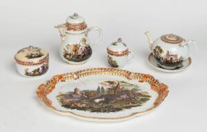 A Meissen hand painted cabaret set on tray, 19th Century. Tray 38cm wide (some restoration)