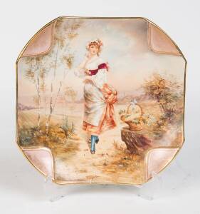 Imperial Bonn porcelain plaque with hand painted country maiden scene, 19th Century. 34cm