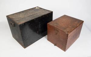 An antique tin trunk & an American oak filing drawer, 19th Century. Trunk 38cm high, 59cm wide, 38cm deep