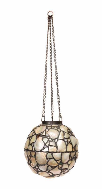 An unusual spherical hanging light shade made from shells, leadlight & glass, early 20th Century. 24cm diameter