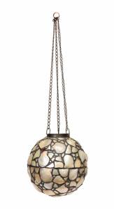 An unusual spherical hanging light shade made from shells, leadlight & glass, early 20th Century. 24cm diameter