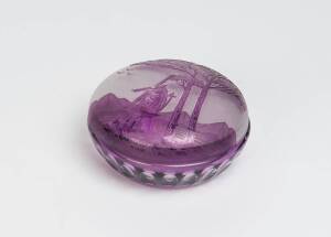 An acid etched amethyst glass covered powder dish. Probably French, 20th Century?14cm diameter