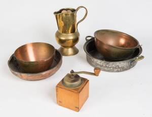 A kitchenalia group including copper pans, butter pats, coffee grinder, bookstand & brass jug. (9 items)