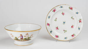 A Continental porcelain bowl painted with a girl running & a boy, 19th century. Plus a floral sprig decorated plate, 20 and 22cm diameter (2).