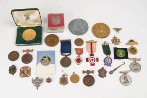 MEDALS & BADGES, noted Royal Humane Society of Australasia medal awarded to "Walter McGowan 18.1.15"; two Red Cross medals - V.A.D. Proficiency Award & Twenty Years' Service; 1910 Royaume Belgique Exposition Universelles; other medallions, badges & coins.