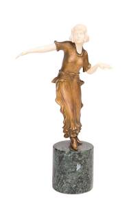 An Art Deco statue, gilt bronze & ivory on green marble plinth, signed "PECHER", circa 1920s. Total height 25.5cm