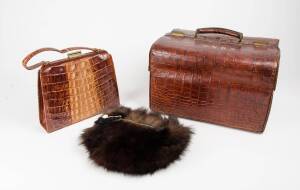 A vintage crocodile skin handbag, 19th Century fitted over night bag & a mink muff. (3 items)
