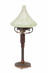 An Art Deco table lamp, cast & wrought metal with glass shade, French, circa 1920s. 38cm high
