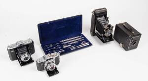 A "Lotter" drawing set in fitted box, plus 4 assorted cameras including Zeiss Ikon Super Ikonata, Box Brownie camera, Zeiss Ikon Cortina & Nettar. (5 items)