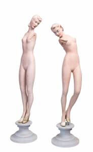 A pair of Art Deco point of sale counter top miniature "Corset" mannequins, circa 1920s with label on reverse "Latex Products Pty Ltd. Branches All States. FORTAS DIVISION", mounted on blue finished turned timber plinths. Height with stands approximately 