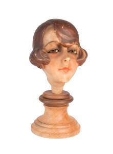 A rare wax head Art Deco shop display bust on later wooden stand. Bust 24cm high