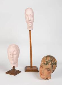 Group of 3 assorted Art Deco shop display plaster finished busts, one with wooden base. Tallest 25cm