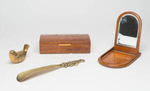 An Art Deco Australian timber box, gents travel mirror, brass shoehorn, & bird ornament. (4 items)
