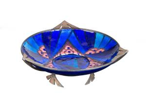 A Limoges Art Deco fruit bowl, enamel & iron, French, signed "H.MARTY. Limoges", c1920s. 27cm diameter, 10cm high