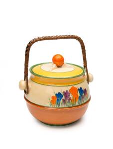 A Clarice Cliff "Crocus" patterned English porcelain biscuit barrel, 1930s. 19cm high