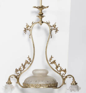 A French brass & glass hanging light, early 20th Century. 110cm high, 70cm wide.