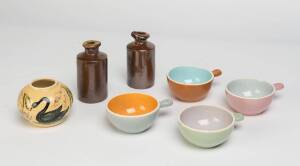 A Martin Boyd Black Swan vase, four Guy Boyd ramekins & two Bendigo stoneware pottery flasks
