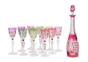 A 13 piece "Val St. Clair Cristal" drink set comprising decanter & 12 harlequin glasses, 20th century. Decanter 41cm high, glasses 21cm high each