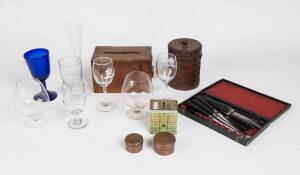 The remains of collection including boxed French knives, Japanese Edo period cashbox, Chinese jar, money box, & collection of 19th & 20th Century glasses (29). 