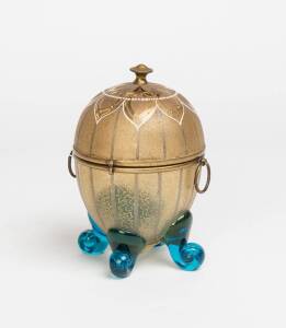 A gilded Venetian glass bonbonniere & a small blue glass scent bottle, 19th/20th Century. Largest 16cm high