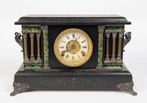 A Sessions American mantle clock in ebonised timber case, 19th Century. 29cm high, 49cm wide, 18cm deep