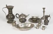 Pewter jugs, plates, measures, tea set, candlestick & jewel box, 19th & 20th Century. (13 pieces) 