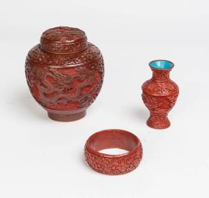 A lacquered jar, vase & bracelet. The jar 15cm high