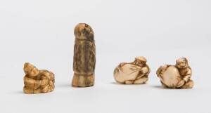 A group of four small Japanese netsuke including one man with a pumpkin and one man with a bag, 19th & 20th century. Tallest 5cm