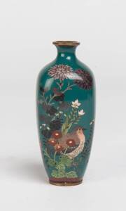 A small Japanese cloisonné vase with a dark blue backgroud decorated with flowers and birds, 20th century. 