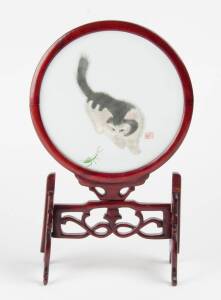 A Chinese textile Suxiu screen depicting a cat & mantis, 20th Century, 24.8cm x 17.5cm