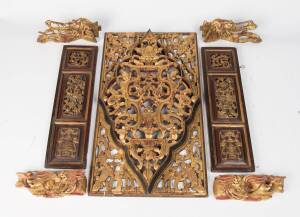 A collection of Chinese carved giltwood wall panels, 20th Century. Largest 65cm high, 38cm wide