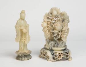 A stone carved figure of Guanyin & a flower ornament, 20th Century. The Guanyin 24cm high