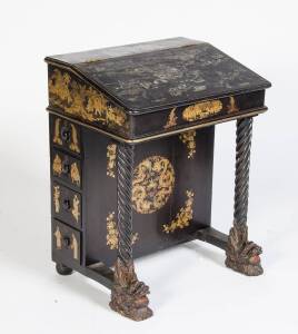 An export lacquered wooden Chinese writing desk with thirteen drawers and a lid depicting a city scene, 20th Century. 85cm high, 66cm wide, 54 cm deep