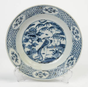 A blue and white phoenix dish