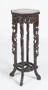 A Chinese marble inset carved rosewood pedestal, 20th Century. 81.5cm high, 32.5cm diameter